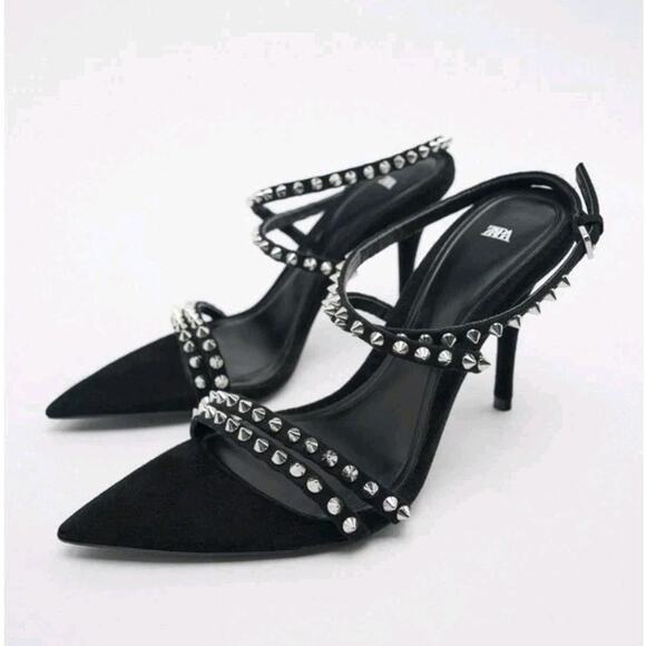 Zara Heels EU37 US6 Black Suede Wrap Ties Spikes Party Punk Rock Stiletto Sandal